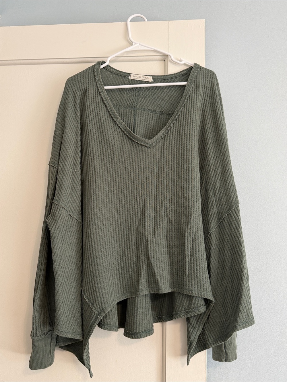 We The Free Olive Waffle-Knit V-Neck Tunic Hoodie